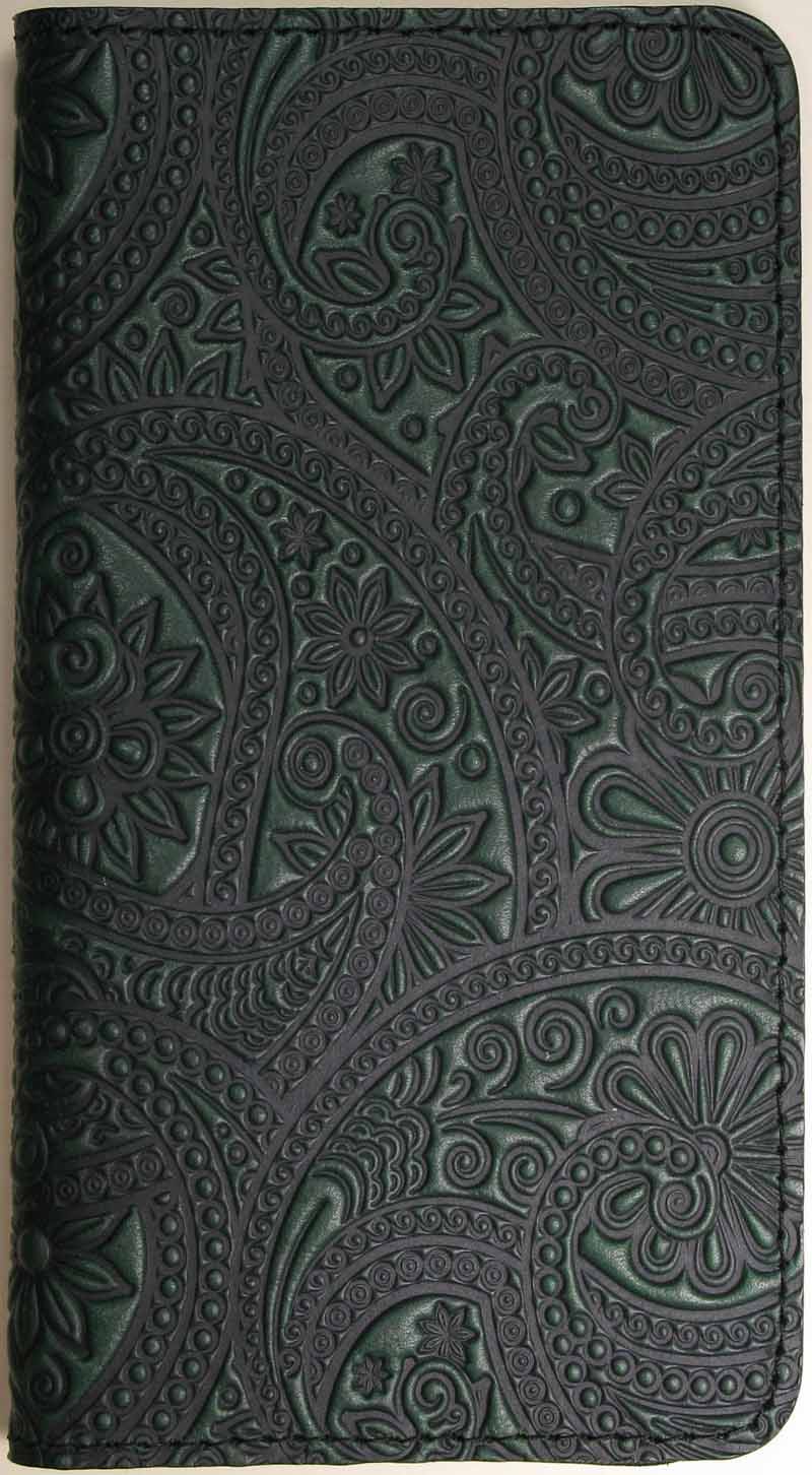 Leather Checkbook Cover - Paisley in Green